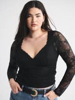 Abercrombie Bra Free Zoe Long Sleeve Lace Top Women Small Black Sheer Sweetheart